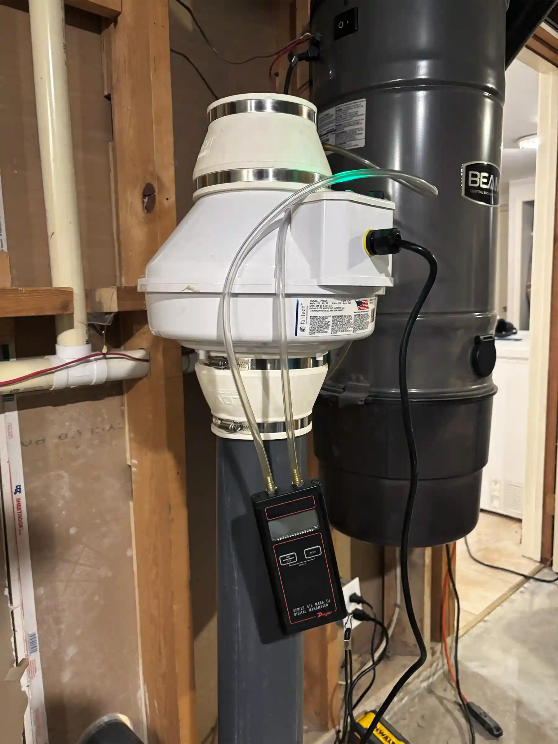 Radon testing fan used to calculate the size of the system required in a home.